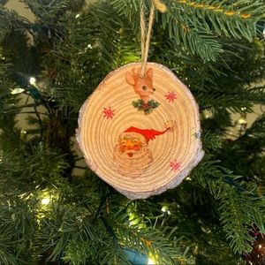 Rustic Wood Slice, Santa and Reindeer Ornament, Christmas Tree Decoration